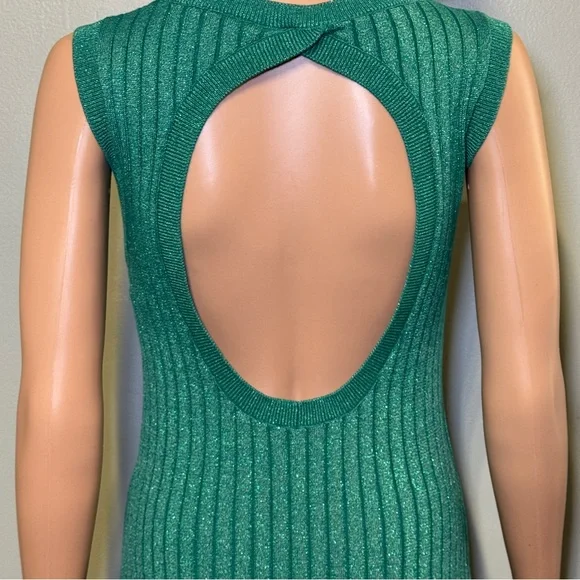 House of Harlow 1960 Ribbed Shimmer Green Maxi Open Back Bodycon Dress Sz Medium - Picture 7 of 10